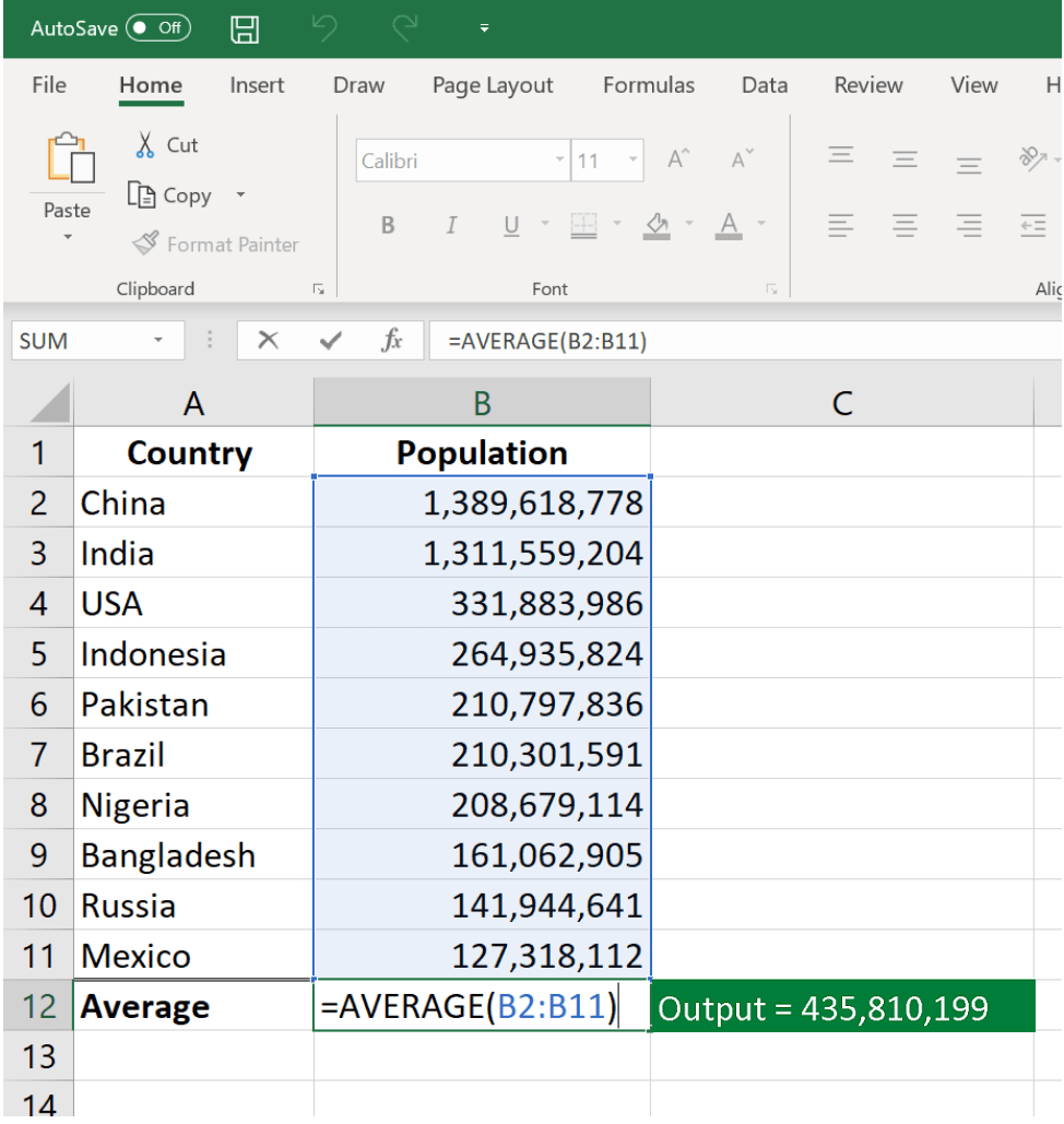 Excel average function