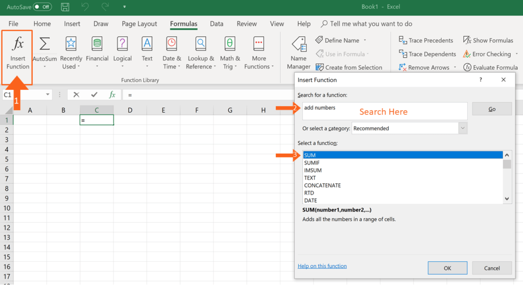 Basic Excel Formulas - Using Insert Function Option from Formulas Tab