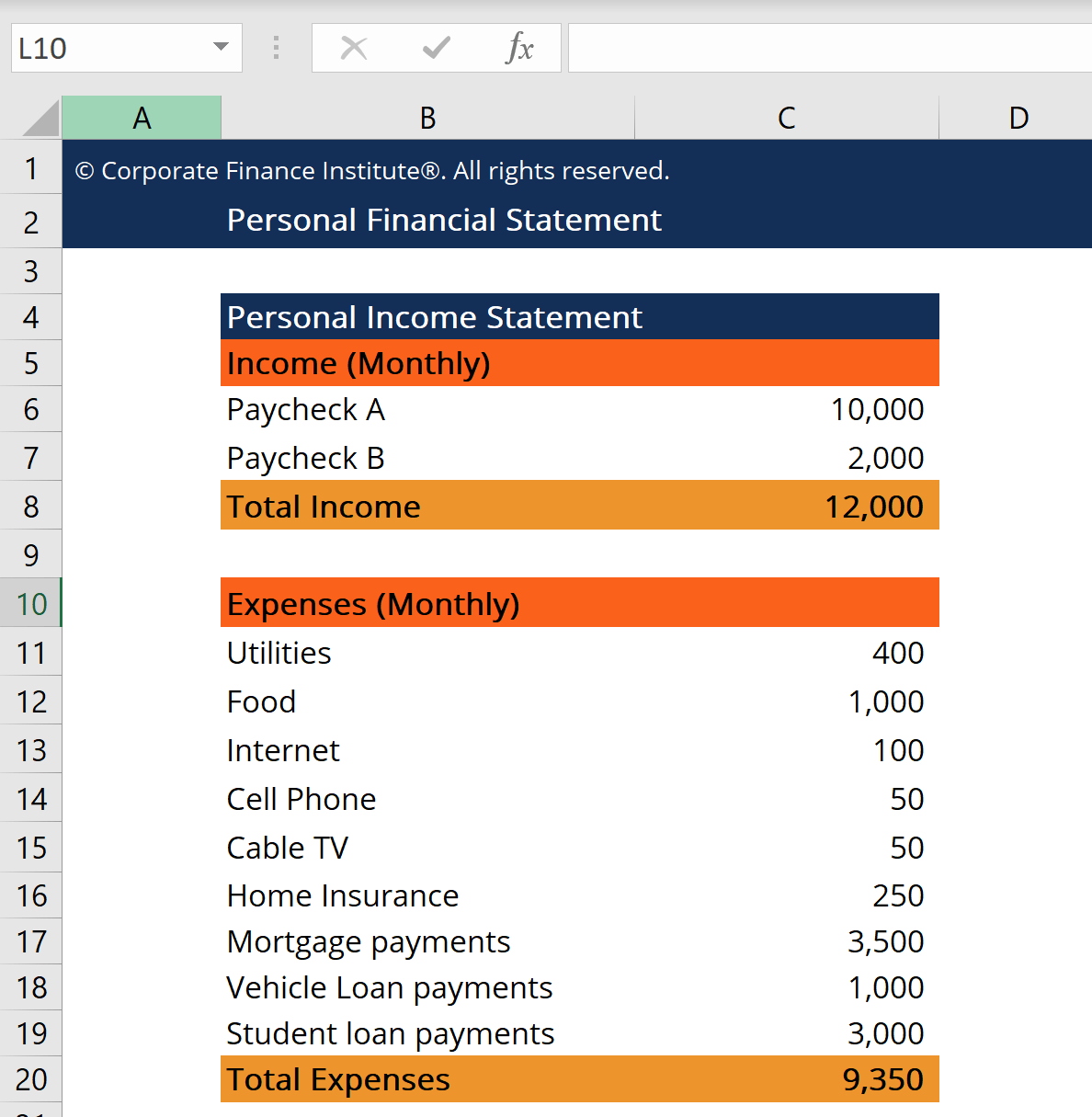 Example of Personal Income Statement