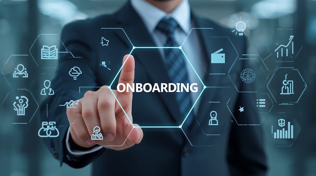 Man touching a screen with onboarding process icons