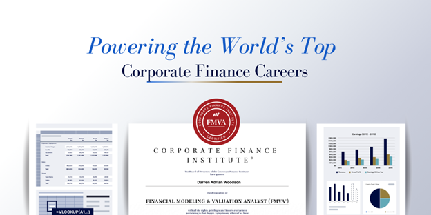 An FMVA certification and CFI course screens showing financial data under the headline "Powering the World's Top Corporate Finance Careers"