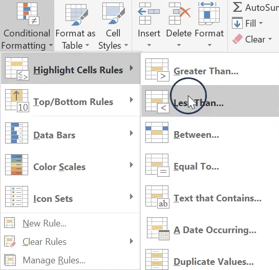 Highlight Cells Rules - Less Than