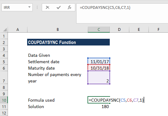 COUPDAYSNC Function - Example 1