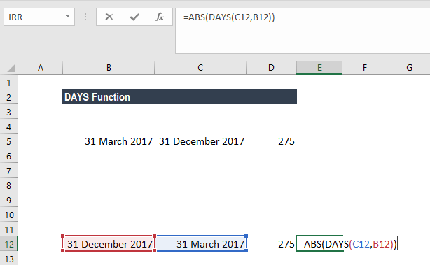 DAYS Function - Example 1a