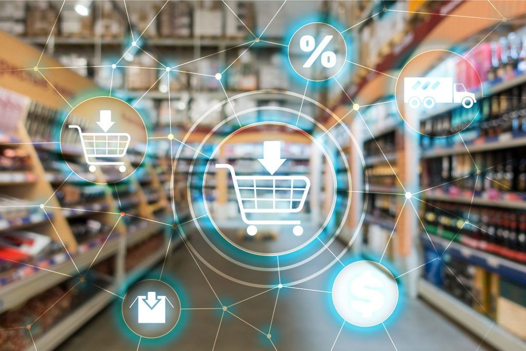 Distribution Channel - Shopping cart on e-commerce marketing concept on supermarket background