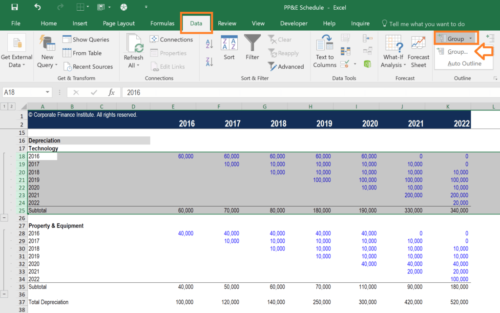 Шаги по использованию функции группы Excel