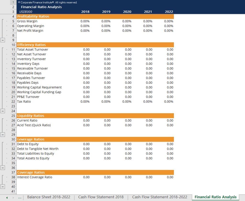 Screenshot of the Financial Ratio Analysis Section of the Financial Projection Template