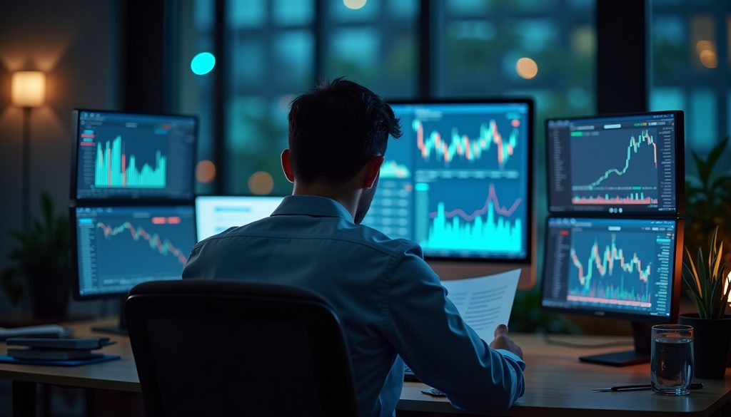 Zoomed in shot of a hedge fund manager, in front of several computer monitors, reading a market report, back view
