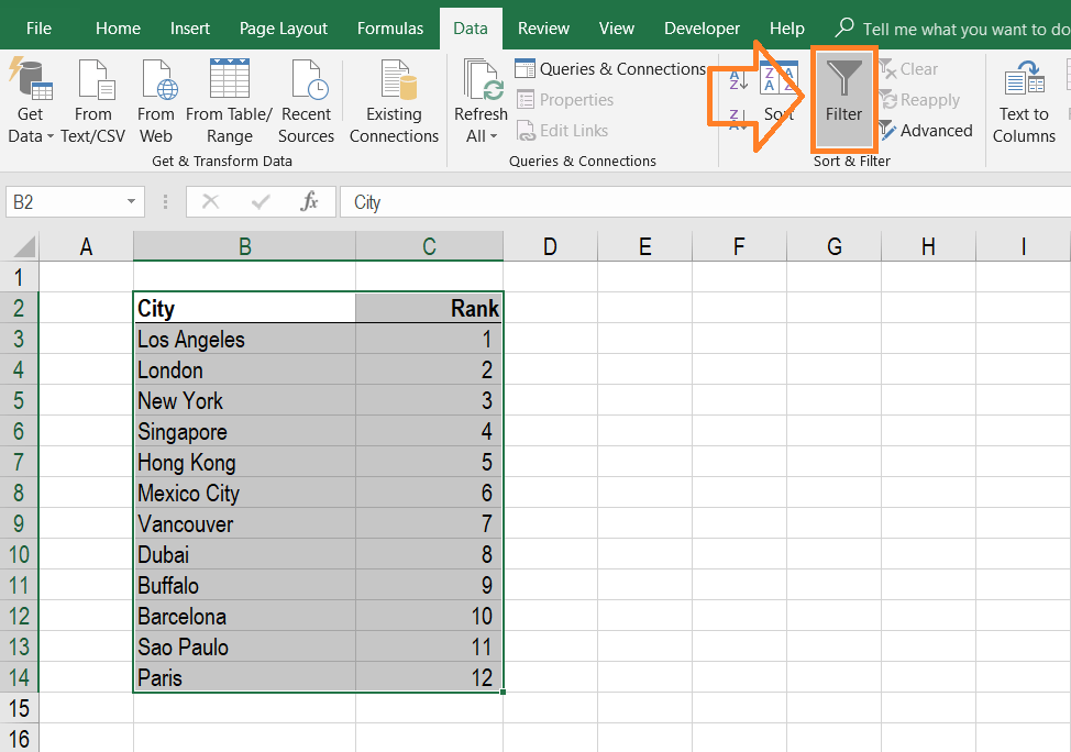 Alphabetize in Excel - Filter Step 2a