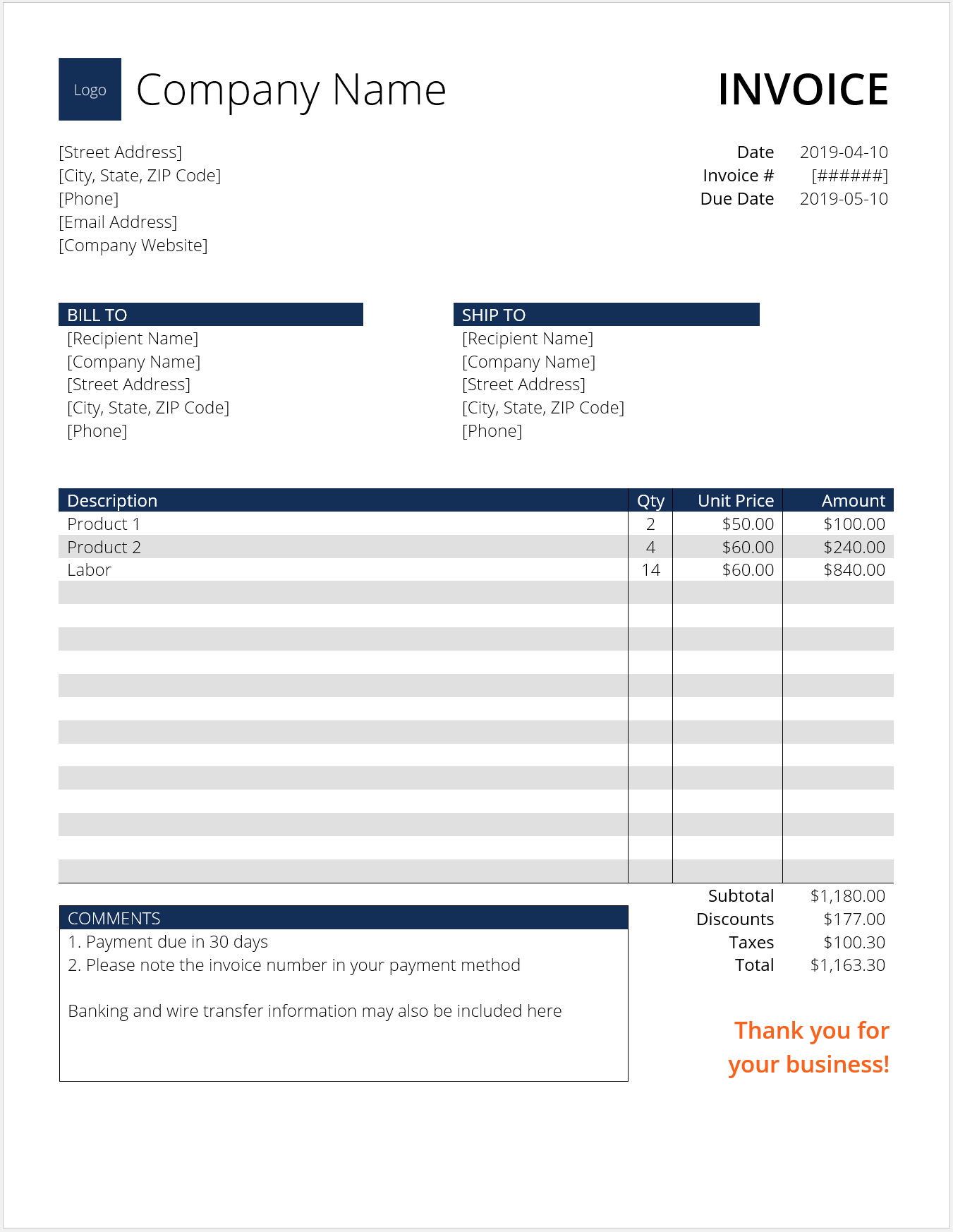 Download Sample Invoice Using Excel PNG