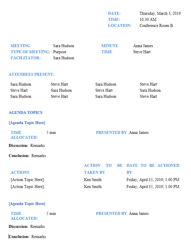 Screenshot of Meeting Minutes Template