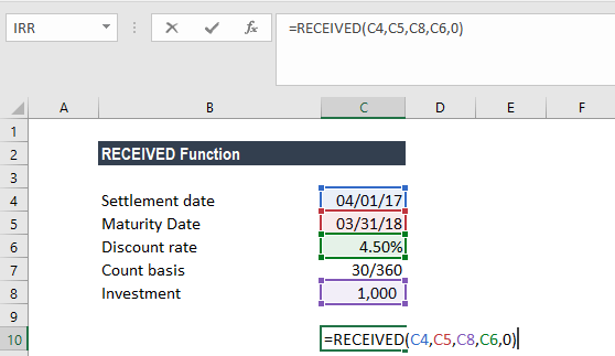 RECEIVED Function - Investment Maturity Received, Formula, Example