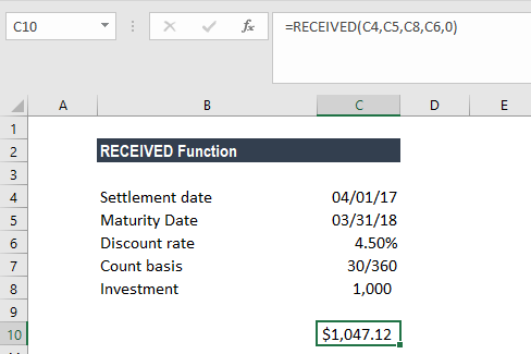 RECEIVED Function - Investment Maturity Received, Formula, Example