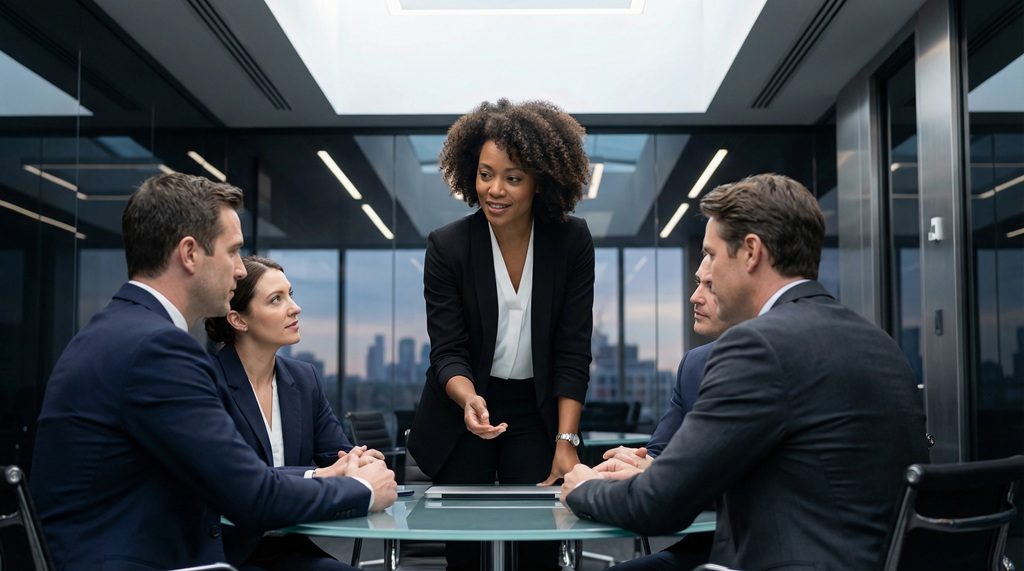 A Black female executive leading a strategic boardroom meeting with diverse team