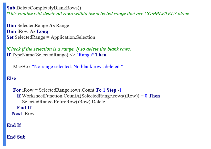 Top 10 VBA Routines for Excel Reporting - Delete Completely Blank Rows in the Selection