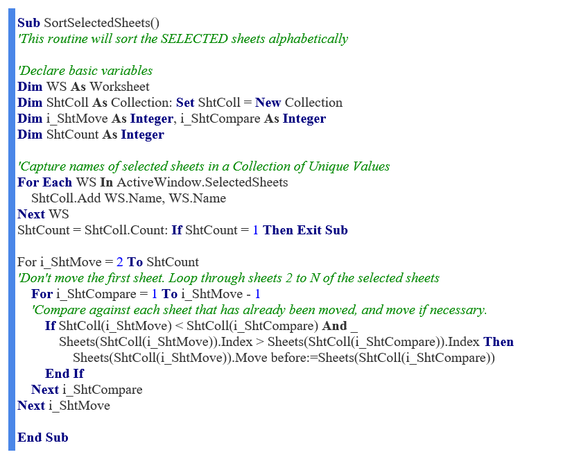 Top 10 VBA Routines for Excel Reporting - Sort Selected Sheets Alphabetically