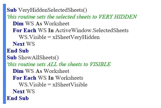 Set Selected Sheets to "Very Hidden"