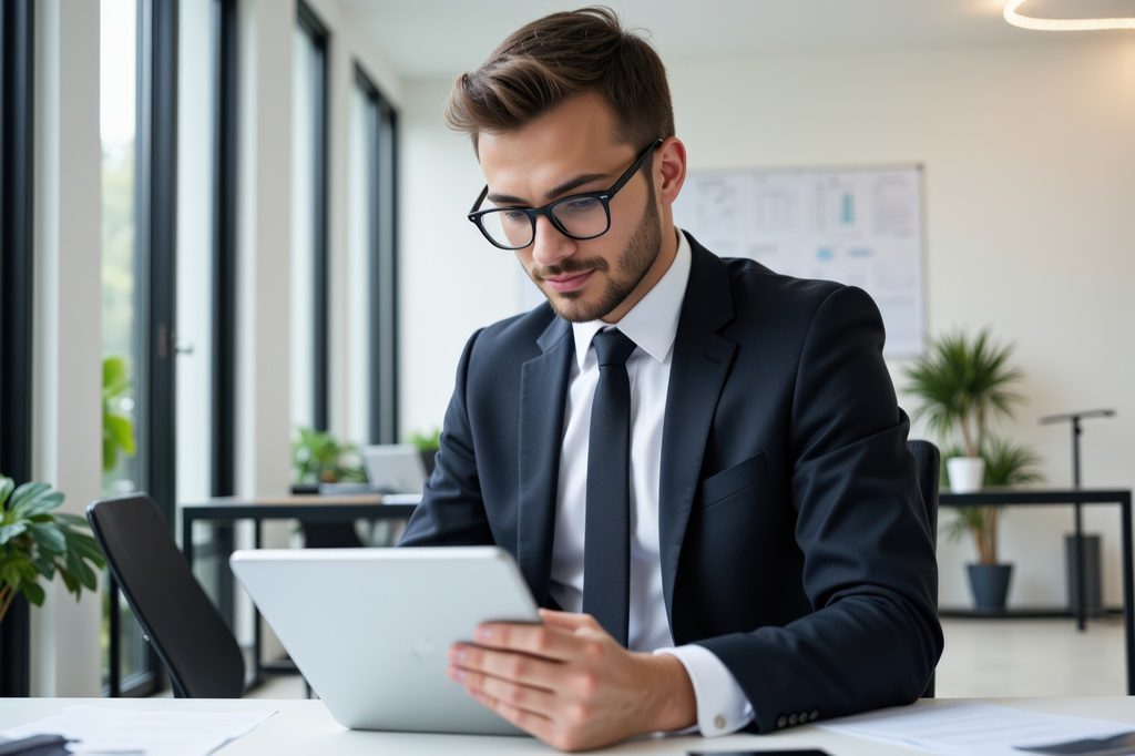 A young adult male in professional attire focused on his tablet in a modern office environment, exuding concentration and business acumen